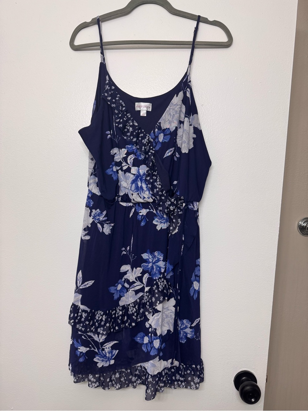 <Xhilaration> Navy Blue Floral Wrap Mini Dress
